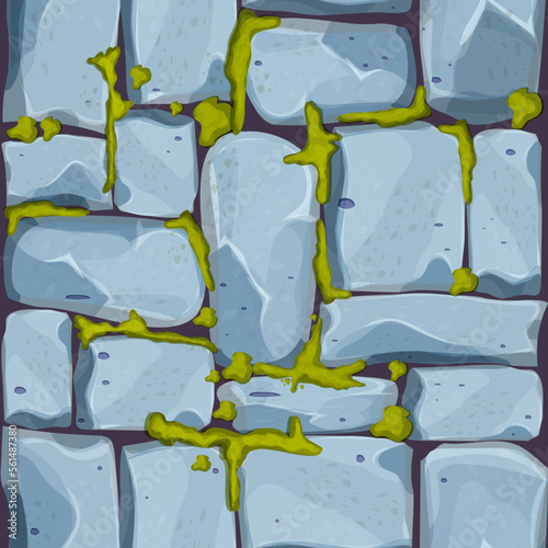 Stone wall, pavement from bricks, rocks with moss , game background in cartoon style, seamless textured surface. Ui game asset, road or floor material