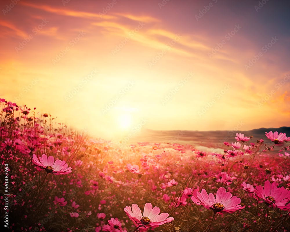 sunset in the mountains with pink and red cosmos flowers field, generative ai background 