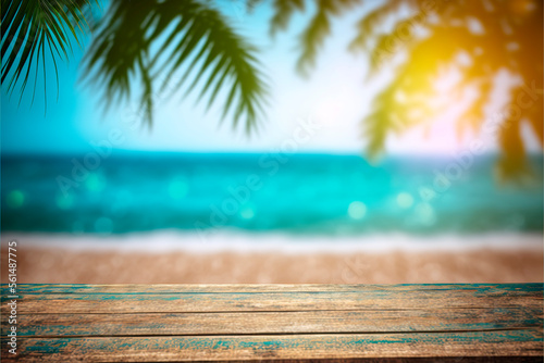Display montage template with old top of wood table with ocean scape and palm leaves  blur bokeh light generative ai backdrop