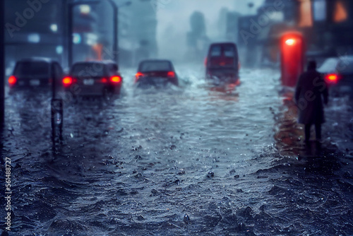Heavy rain and flooding in a street ,Generative AI Art Illustration 01