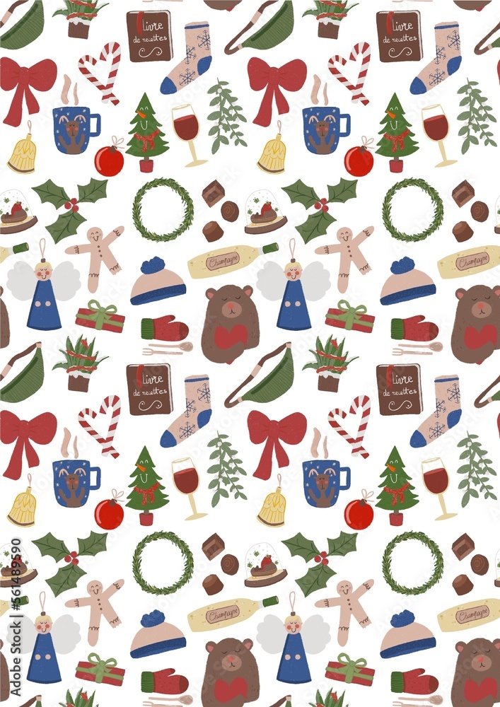 Illustration d’un imprimée à motif festif pour les fêtes de fin d’année. Motif sur le thème de Noël : boule, sapin, chocolat, houx, champagne