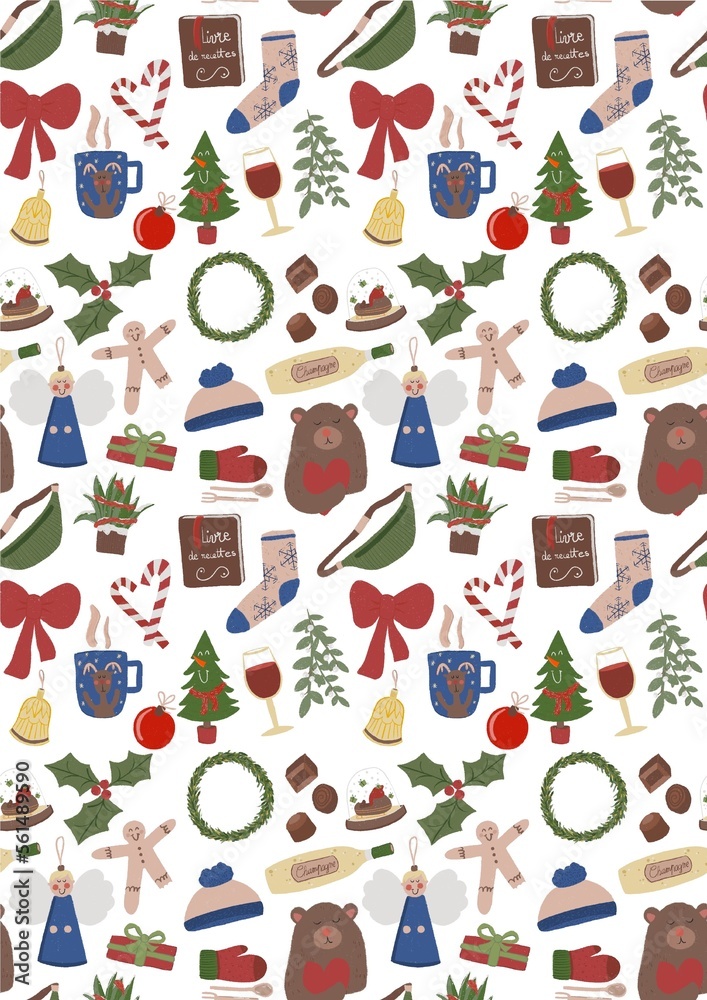 Illustration d’un imprimée à motif festif pour les fêtes de fin d’année. Motif sur le thème de Noël : boule, sapin, chocolat, houx, champagne Illustration d’un imprimée à motif festif pour les fêtes de fin d’année. Motif sur le thème de Noël : boule, sapin, chocolat, houx, champagne