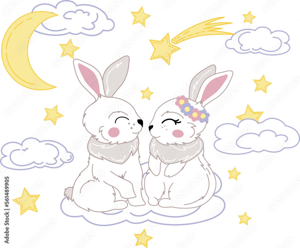 image of two rabbits with elements of the night sky, moon, clouds, comet and stars. vector illustration isolated on transparent background