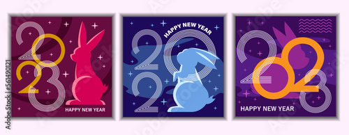 Chinese New Year cards with rabbits, Chinese zodiacal sign, symbol of the 2023 year. Vector art, invitation, greeting, decoration, posters.