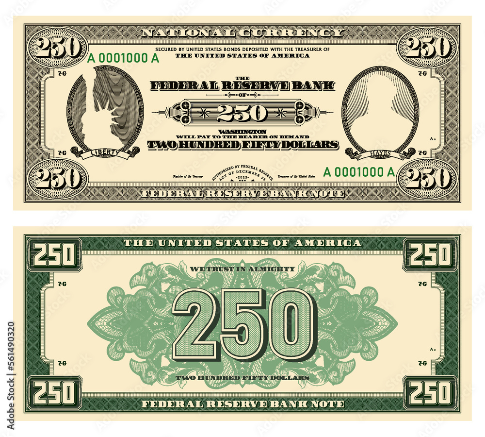 Vector new 250 dollars banknote. Obverse and reverse of US paper money ...