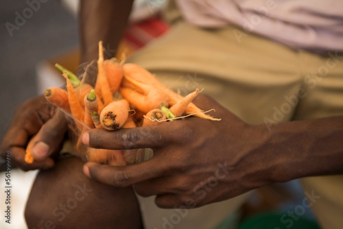 A man holds carrots at a farmers market in Washington, D.C. photo