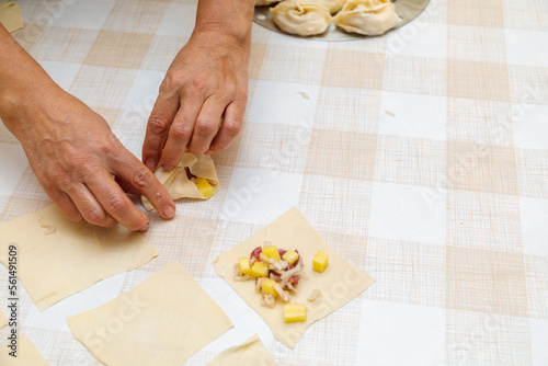 Closeup of woman hand closing dough pieces with ingredients to cook manti