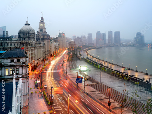 A view of the The Bund (Wai Tan) in Shanghai, China. The picture includes the famous Customs House bell tower, photo