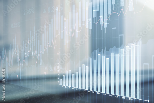 Multi exposure of virtual abstract financial diagram on contemporary business center exterior background  banking and accounting concept