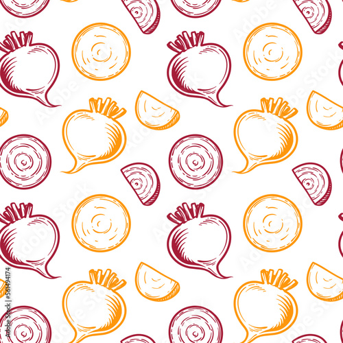 Beets and turnips, whole and slices. Seamless pattern with vegetables. Vector illustration.