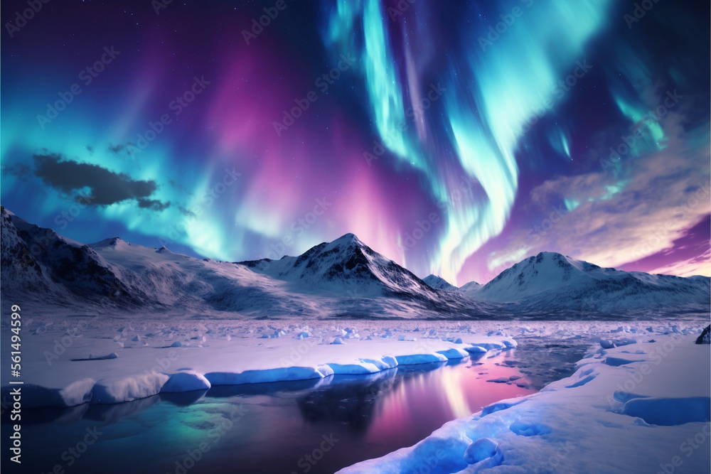 Pink and purple aurora borealis over glacier Generative AI Pink and purple aurora borealis over glacier Generative AI