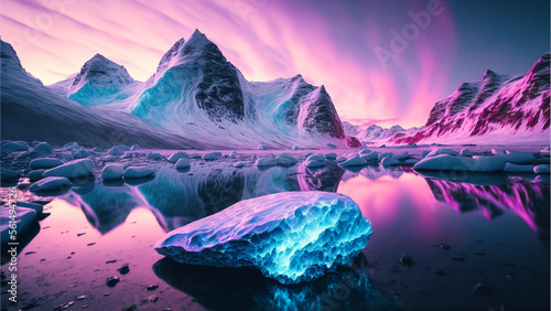 Pink and purple aurora borealis over glacier Generative AI