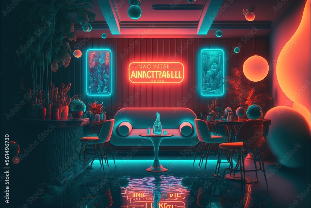 Surreal retro-future pool lounge with neon signs and cocktails.Generative AI