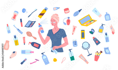 Young woman in tshirt with eye patches under eyes and hair towel, spritz moisturizer on face skin and holds a cream tube. Makeup and skincare tubes, jars flying around woman. Morning routine vector