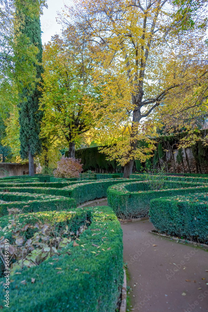 Walking in green gardens of ancient Alhambra in Granada, Spain on November 26, 2022
