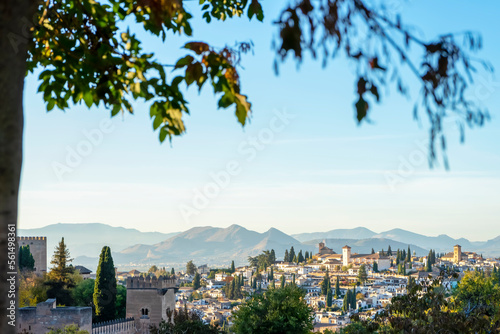 Sunset over ancieat arabic Alhambra in Granada, Spain on November 26, 2022
