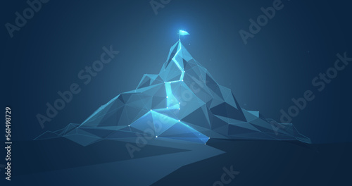 Low poly wireframe Mountain. Mountain climbing route to peak. Concept of success. Vector illustration