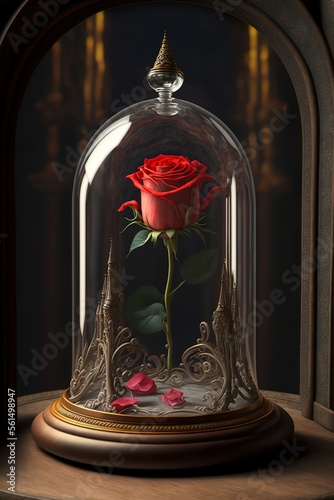 Fotografie, Obraz A shining rose under a glass cae as in beauty and the beast
