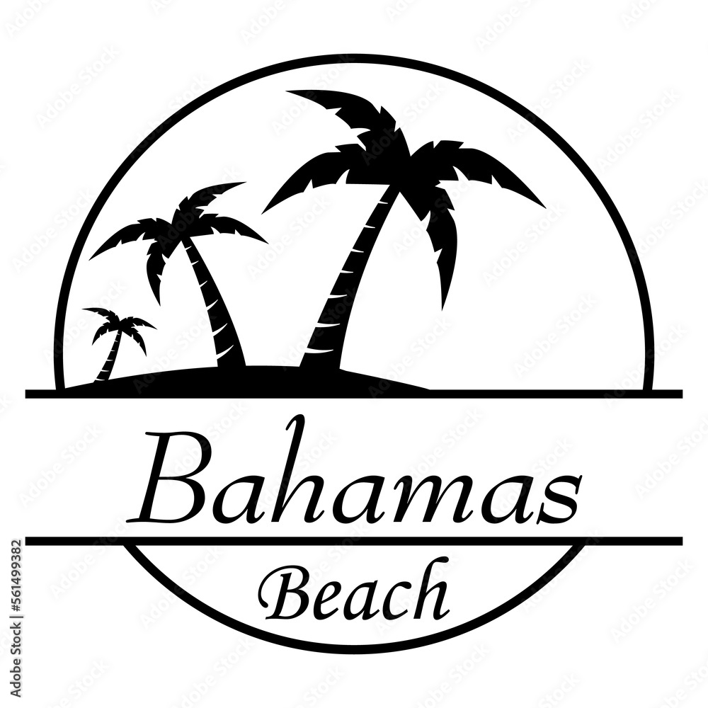 Fototapeta premium Destino de vacaciones. Logo aislado con texto manuscrito Bahamas Beach con silueta de isla con palmeras en círculo