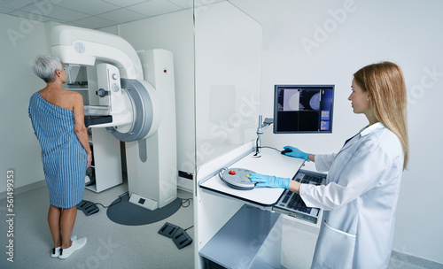 Mammography  mammogram procedure. Preventive examination of senior woman by mammologist with imaging machine to receive mammogram