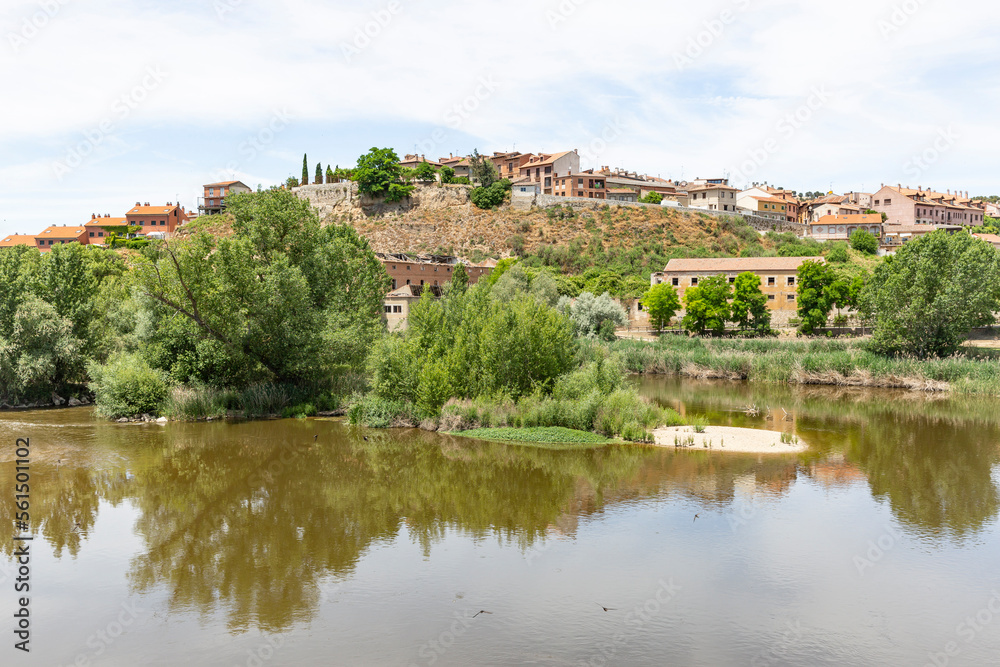 Pisuerga river with a view to Simancas town, province of Valladolid, Castile and Leon, Spain