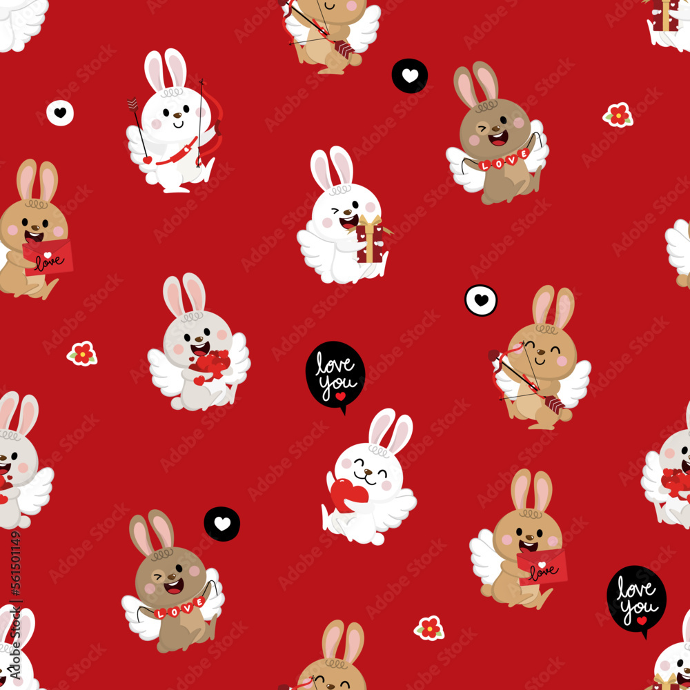Happy Valentine's day seamless pattern with cute rabbit in cupid wings costume, heart and gift.  Animal in love holidays cartoon character wallpaper and background. - Vector