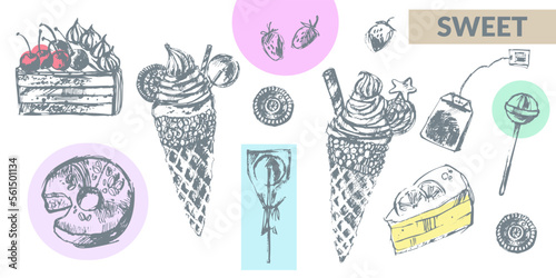 Hand drawn food illustration, sweet dessert ice cream cone, lollypops, cake, donut, cookie