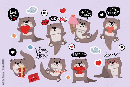 Happy Valentine's Day with cute otter, gift and red hearts. Animal in love holidays cartoon character. -Vector