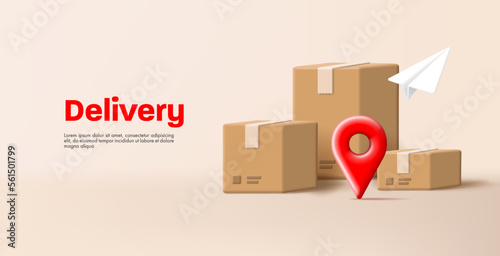 3d illustration of shipment delivery with carton boxes and paper plane and paper plane with red geo tag