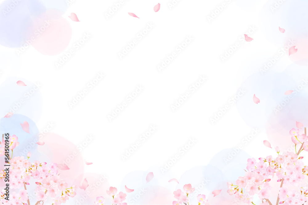 かわいい薄いピンク色の桜の花と花びら春の水彩白バックフレーム背景素材イラスト