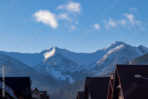 Winter mountains in Tatra Mountains Zakopane, Poland.  Landscape of snow covered pine trees and mountain peaks on a winter day
