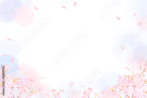 かわいい薄いピンク色の桜の花と花びら春の水彩白バックフレーム背景素材イラスト