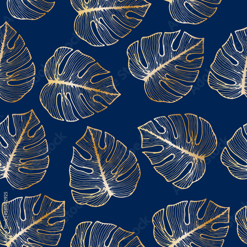 Gold monstera leaves over dark blue background. Premium textile fashion print. Gold leaves monstera houseplant foliage fashionable fabric print vector illustration. Exotic plant golden leaves.