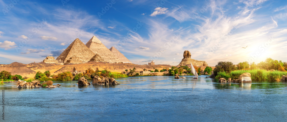 Amazing Aswan landscape on the way to The Great Sphinx and Pyramids of Egypt - obrazy, fototapety, plakaty 