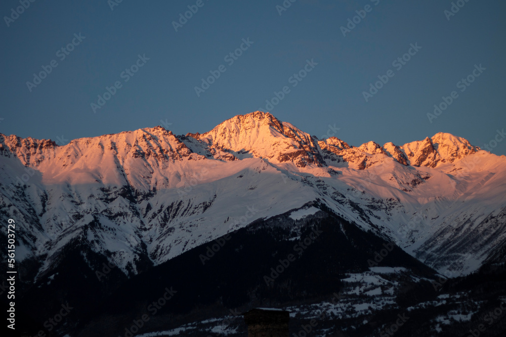 Caucasus Mountains from Mestia, Georgia. Sunset in 2020. 