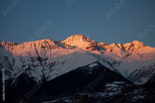 Caucasus Mountains from Mestia, Georgia. Sunset in 2020. 
