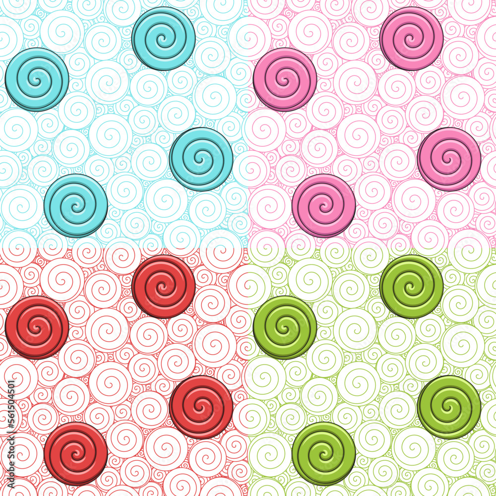 Set of seamless patterns with swirls and candies. Colored vector backgrounds. Set of seamless patterns with swirls and candies. Colored vector backgrounds.