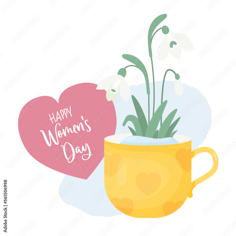 Blooming bunch snowdrops flowers in spring cup. Happy Womens Day greeting card. Gentle forest white flower common snowdrop. Vector illustration. For design, decoration and printing. Blooming bunch snowdrops flowers in spring cup. Happy Womens Day greeting card. Gentle forest white flower common snowdrop. Vector illustration. For design, decoration and printing.