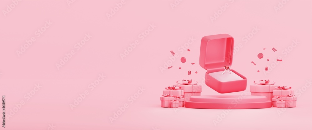Fototapeta premium Valentine's day concept. pink podium and present boxes with diamond ring box icon 3d illustration copy space. sale banner Valentine's day.