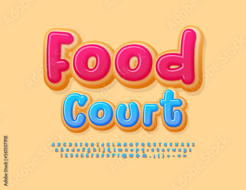 Vector sweet emblem Food Court with delicious set of Alphabet Letters, Numbers and Symbols. Tasty Donut Font