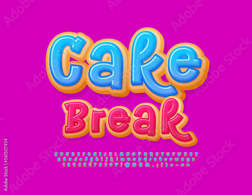 Vector playful banner Cake Break. Sweet Donut Font. Delicious Alphabet Letters and Numbers. © Popskraft