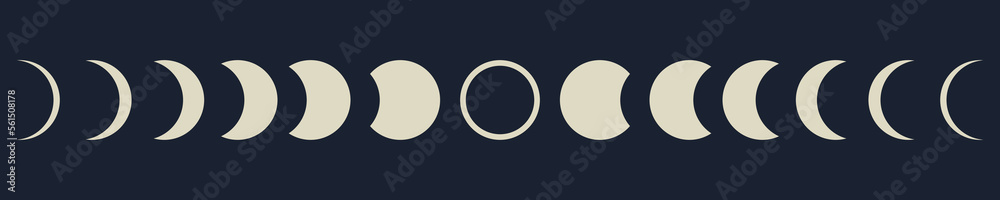 Phases of the moon on night background. New, half and full moons. Vector 10 Eps.