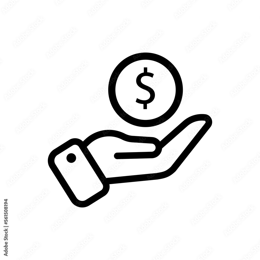 Hand and coin line icon. Money, coins, sale, profit, income, work, loss, internet, shop, exchange, shares, online. business concept. Vector black line icon on white background Hand and coin line icon. Money, coins, sale, profit, income, work, loss, internet, shop, exchange, shares, online. business concept. Vector black line icon on white background