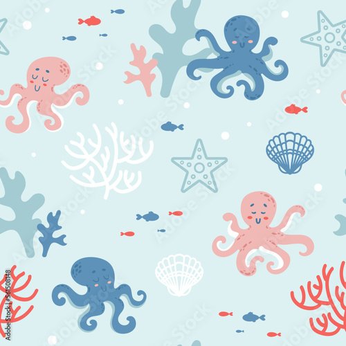 Summer cute marine seamless pattern coral reef with cute octopuses, starfish, algae, shells and fish. ocean dwellers. Cartoon style. Pastel shades. For nursery, wallpaper, printing on fabric, wrapping