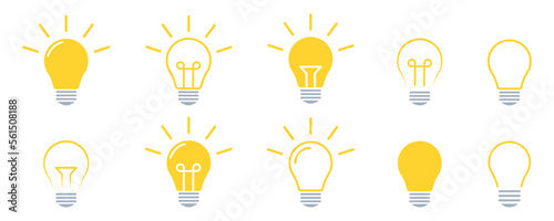 Set of light bulb vector icons. Yellow icons lamps or bulb and rays. Lightbulb. Symbol for idea and science. 