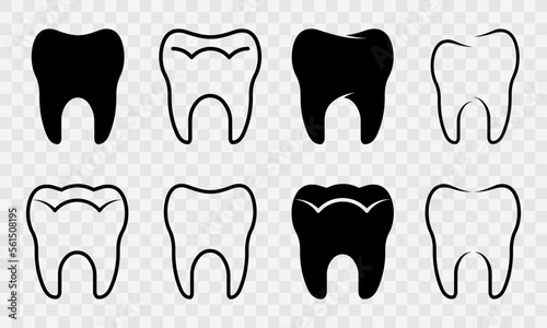 Set of tooth vector icons. Black teeth icons. Dentistry symbol. Healthy and clean tooth.