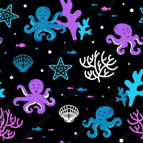 Summer cute marine seamless pattern coral reef with cute octopuses, starfish, algae, shells and fish. ocean dwellers. Cartoon style. On black. For nursery, wallpaper, printing on fabric, wrapping