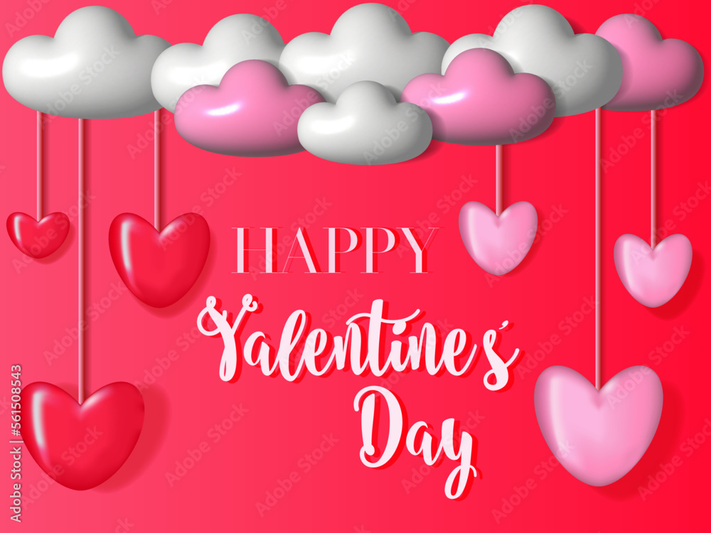 Realistic hearts and cloud on red background. 3d vector illustration of heart shape. Happy Valentines day greeting card or wedding sign. Love, romance theme