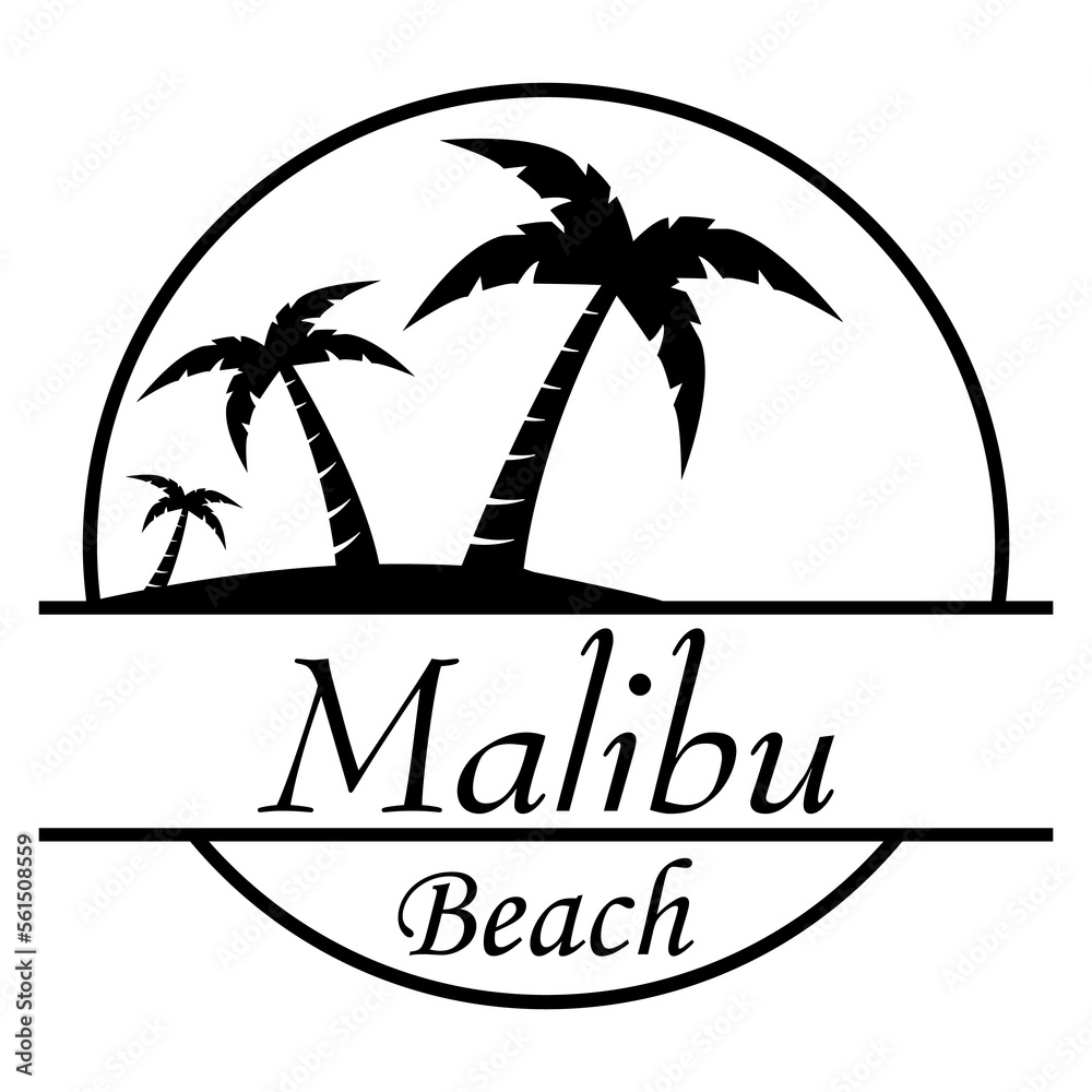 Destino de vacaciones. Logo aislado con texto manuscrito Malibu Beach con silueta de playa con palmeras en círculo