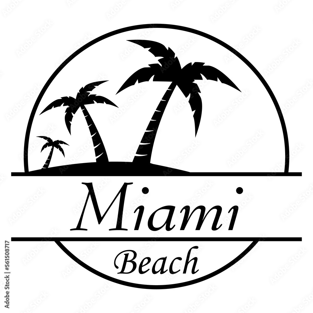 Destino de vacaciones. Logo aislado con texto manuscrito Miami Beach con silueta de isla con palmeras en círculo